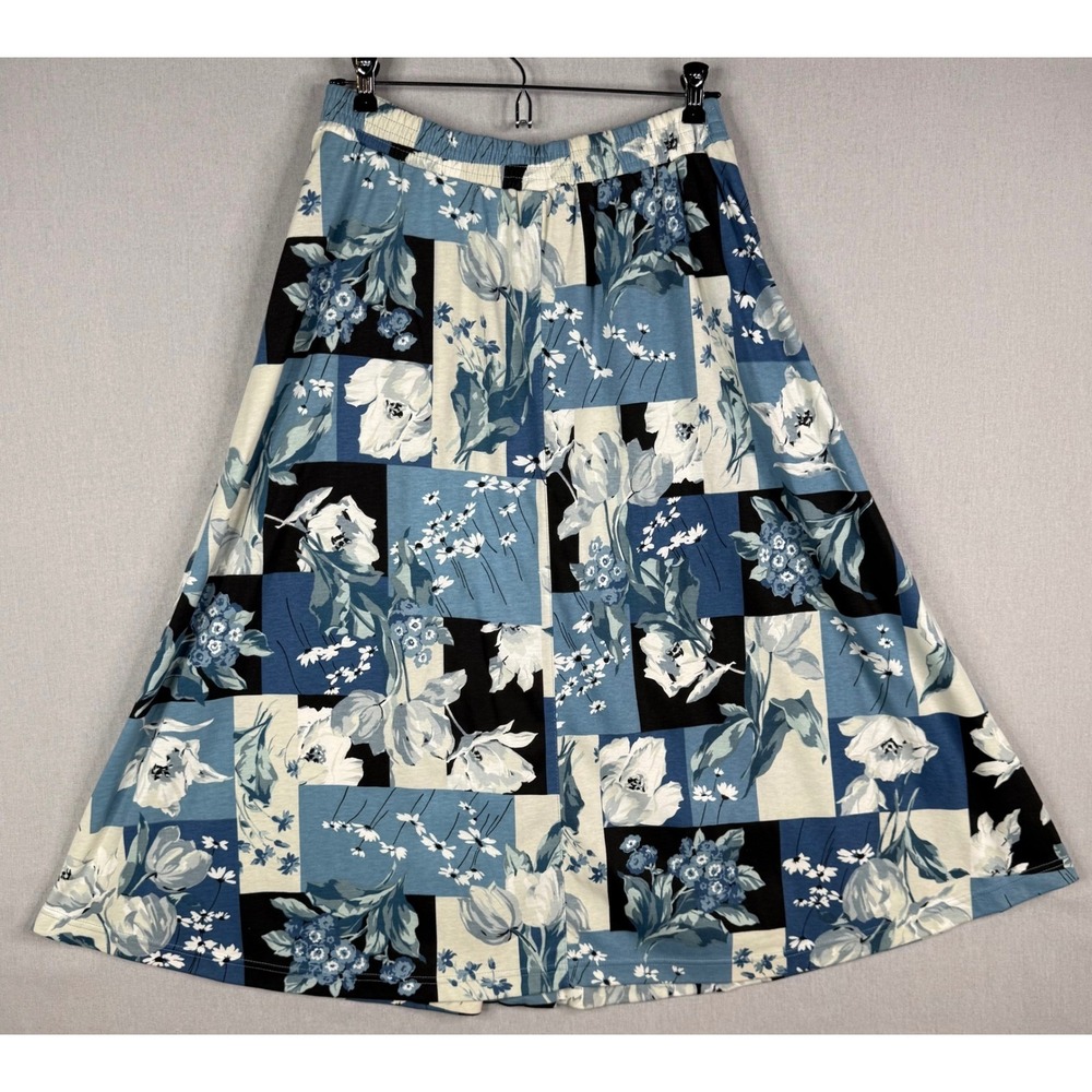 Vintage Patchwork Button Down Skirt Womens L Blue Floral Modest Stretch USA - Picture 2 of 7